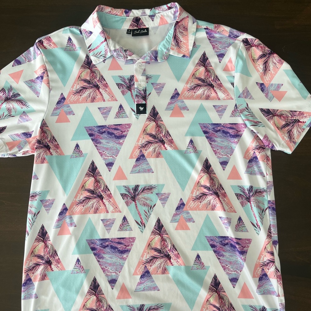Bad Birdie White Polo with Mint, Pink & Purple Geometric Palm Print